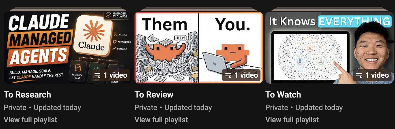 Three real YouTube playlists — To Research, To Review, To Watch — all marked 'Updated today'