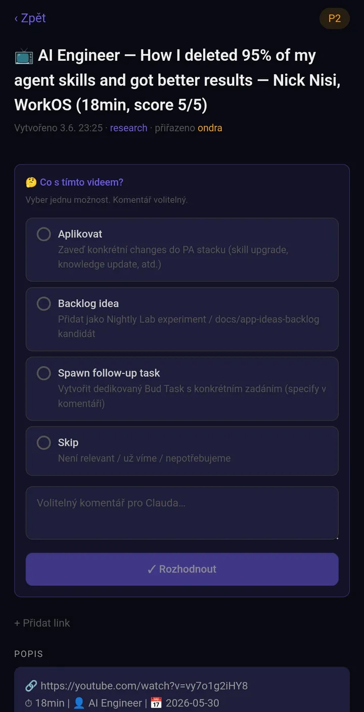 A phone screenshot of a task generated from a YouTube video, scored 5/5, with a one-tap decision picker: apply, backlog idea, spawn follow-up task, skip