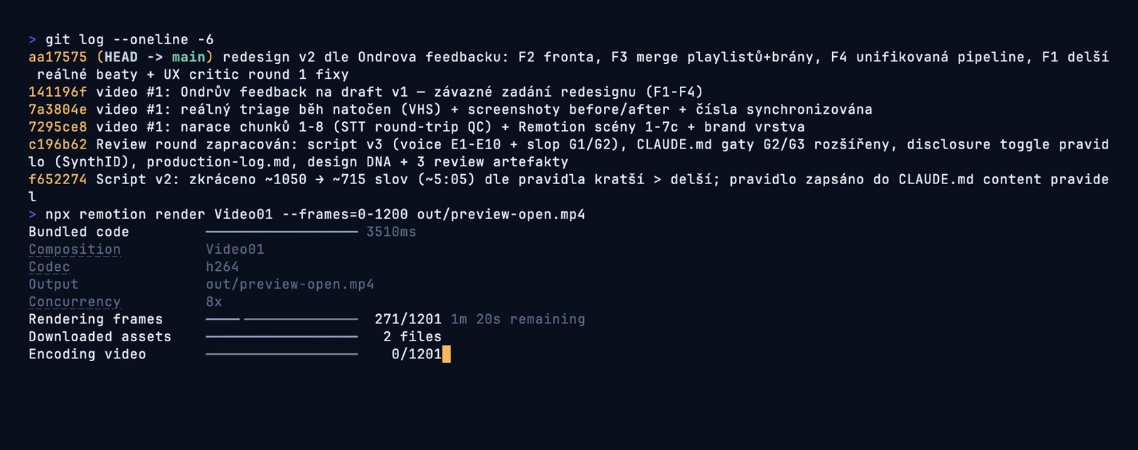 A frame from the video showing a terminal recording of the video's own render running, with the build's git history above it